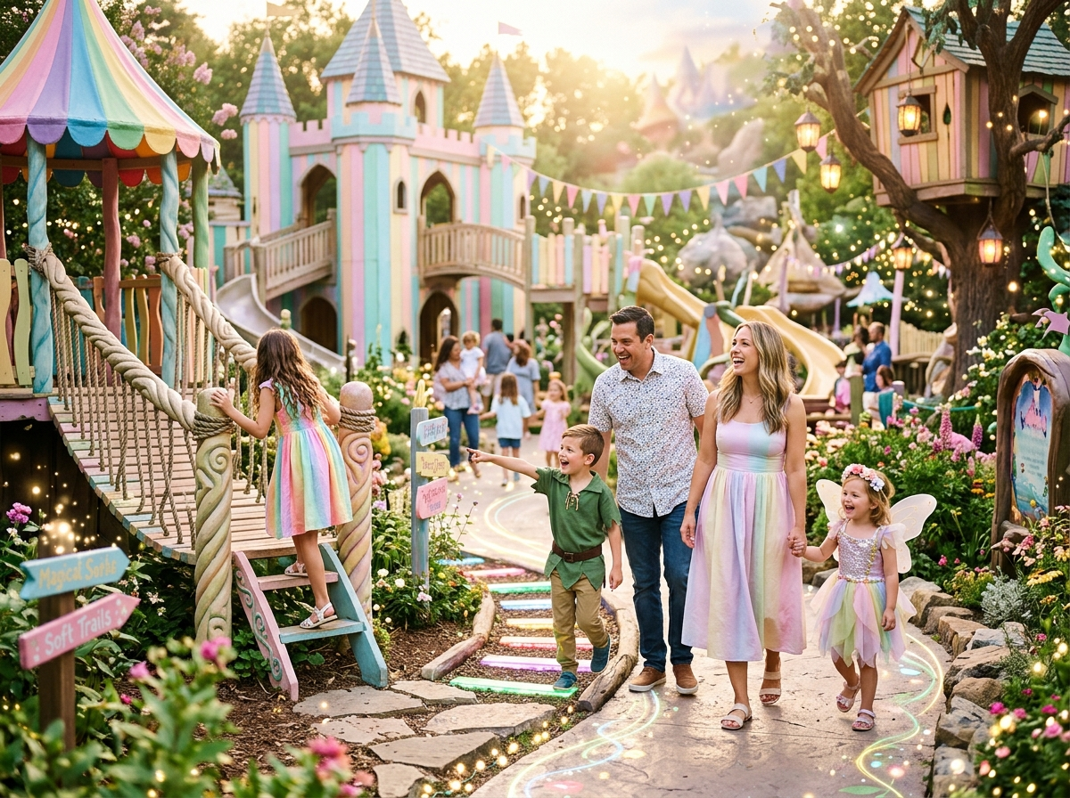 A family enjoying a playful, colorful themed park together